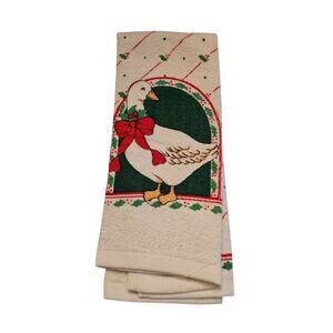 Vintage 1980s Christmas White Duck Goose Bird Kitchen Hand Towel All Over Print